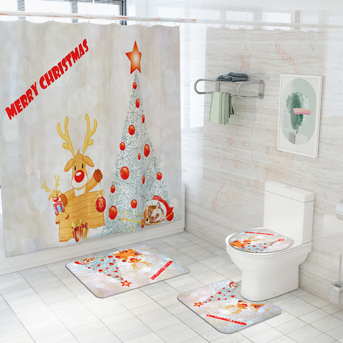Christmas Tree Xmas Bathroom Shower Curtain Toilet Cover Rug Floor Bath Mat