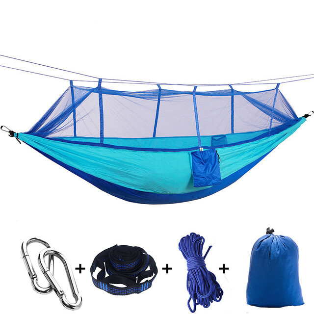 IPRee® Rede de dormir para duas pessoas, balanço pendurado ultraleve, carga máxima de 150 kg com mosquiteiro, alça de 6 m, mosquetões, saco de armazenamento