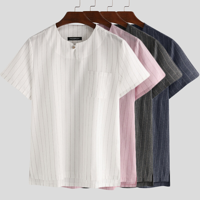 

INCERUN Summer Short Sleeve Linen T Shirt Striped Casual Tops Henley Shirts