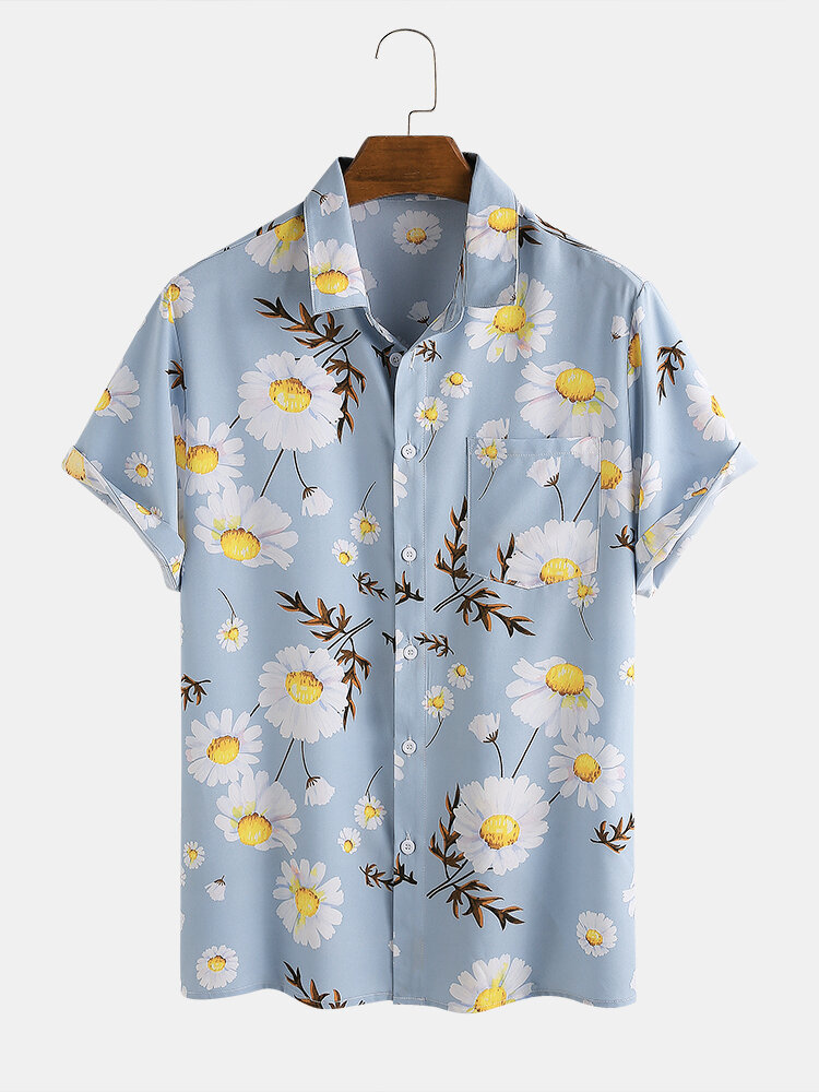 

Daisy Floral Printed Turn Down Collar Short Sleeve Hawaii Holiday Shirts For Men Women