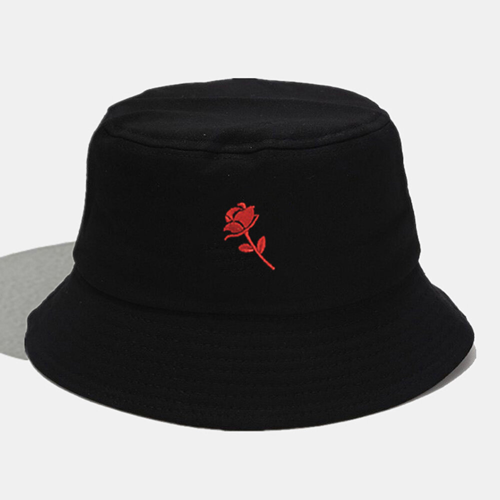 Unisex Bucket Hat Cotton Red Rose Embroidery Wide Brim All-match Sunshade Bucket Hat