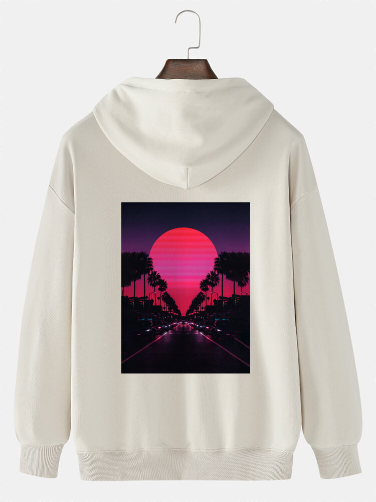 Heren Sunset Scenery Graphic Back Print Solid Cotton Casual Pullover Hoodie