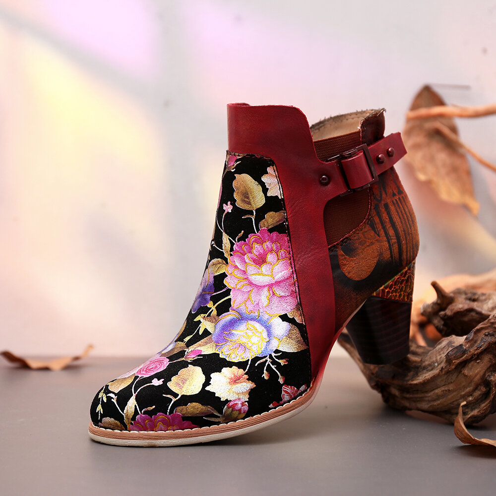 58% OFF on SOCOFY Retro Bloomed Flower Combine With Modern Style Letter Elegant Unique High Heel Boots