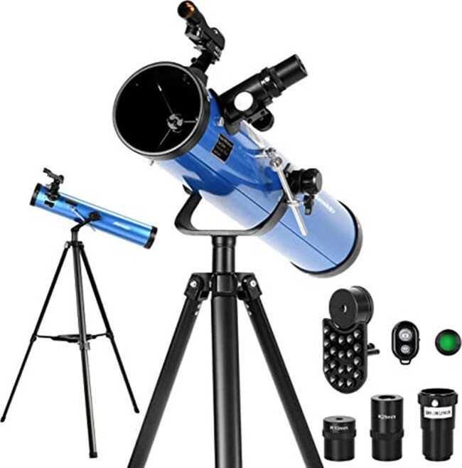 Télescopes réflecteurs AOMEKIE pour débutants en astronomie et adultes de 76 mm / 700 mm avec adaptateur pour téléphone, contrôleur Bluetooth sans fil, trépied, viseur et filtre lunaire.