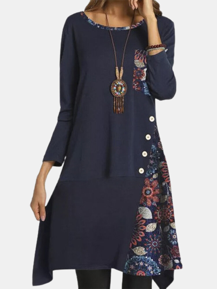 

Большие размеры Женское Круглые платья в стиле пэчворк с цветочным принтом Шея Платья миди с длинным рукавом