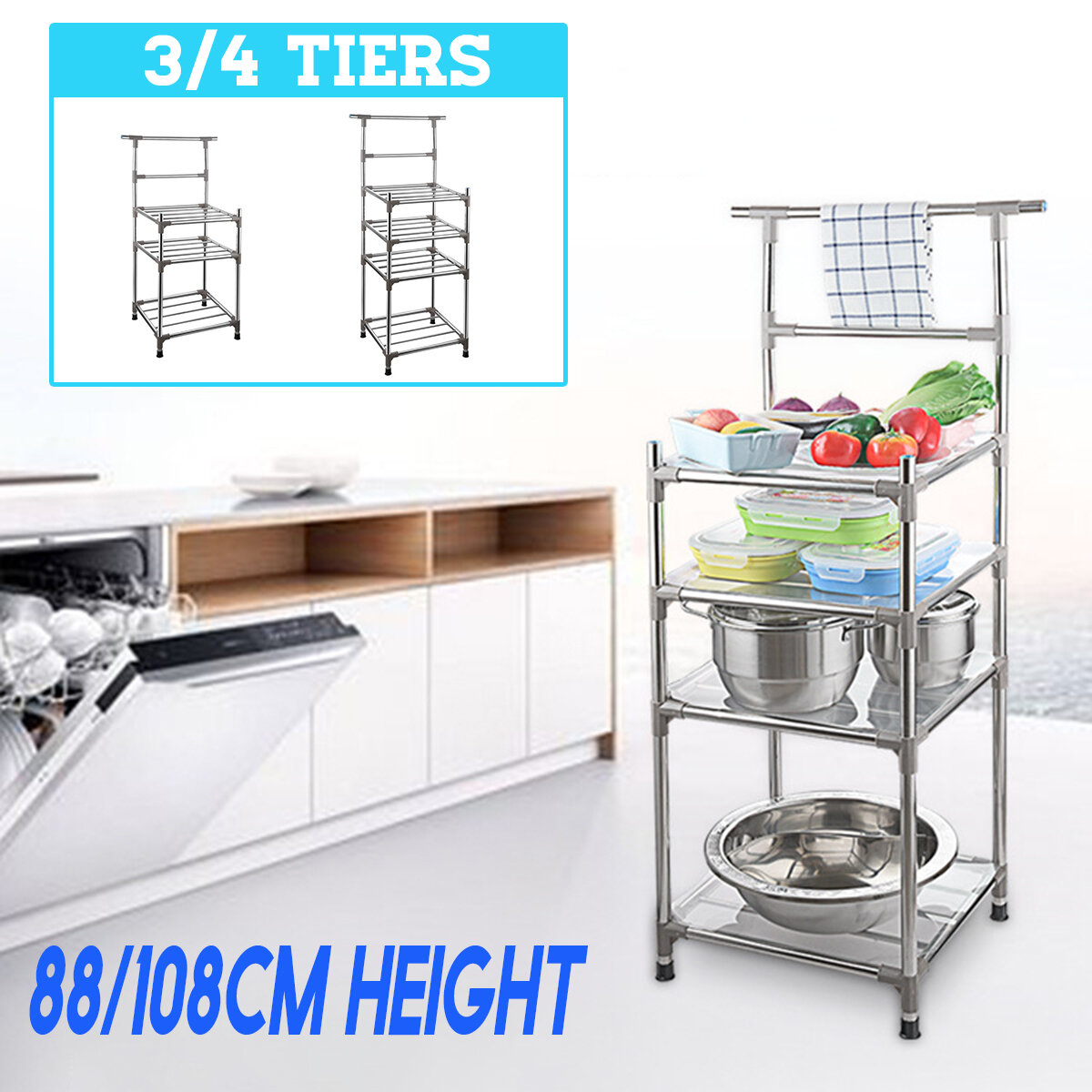 3/4 Tiers Stainless Steel Kitchen Rack Shelves Sheelf Microwave Storage Holder