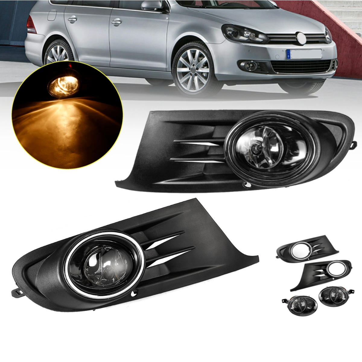 Paar Auto Voorbumper Grill Mistlampen Lamp met Lampen Amber voor VW Jetta Sportwagen Golf MK6 09-14