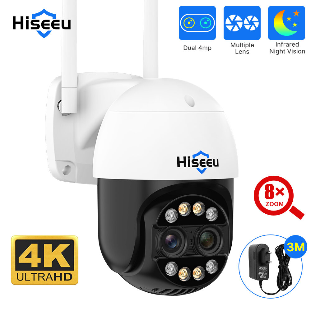 Hiseeu 4K 8MP Dual Lens Wifi PTZ IP Camera 2.8+12mm 8X Zoom CCTV Video Surveillance Camera Color Night Vision Ai Human C