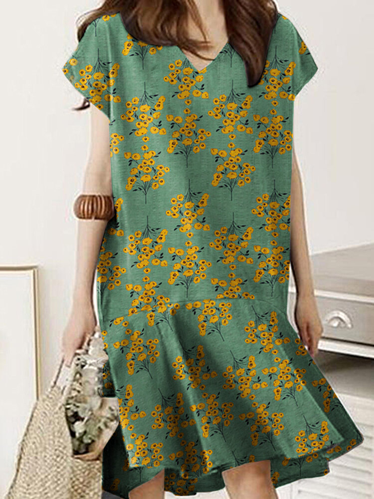 Floral Print Ruffle V Neck Cap Sleeve Midi Dress For Women