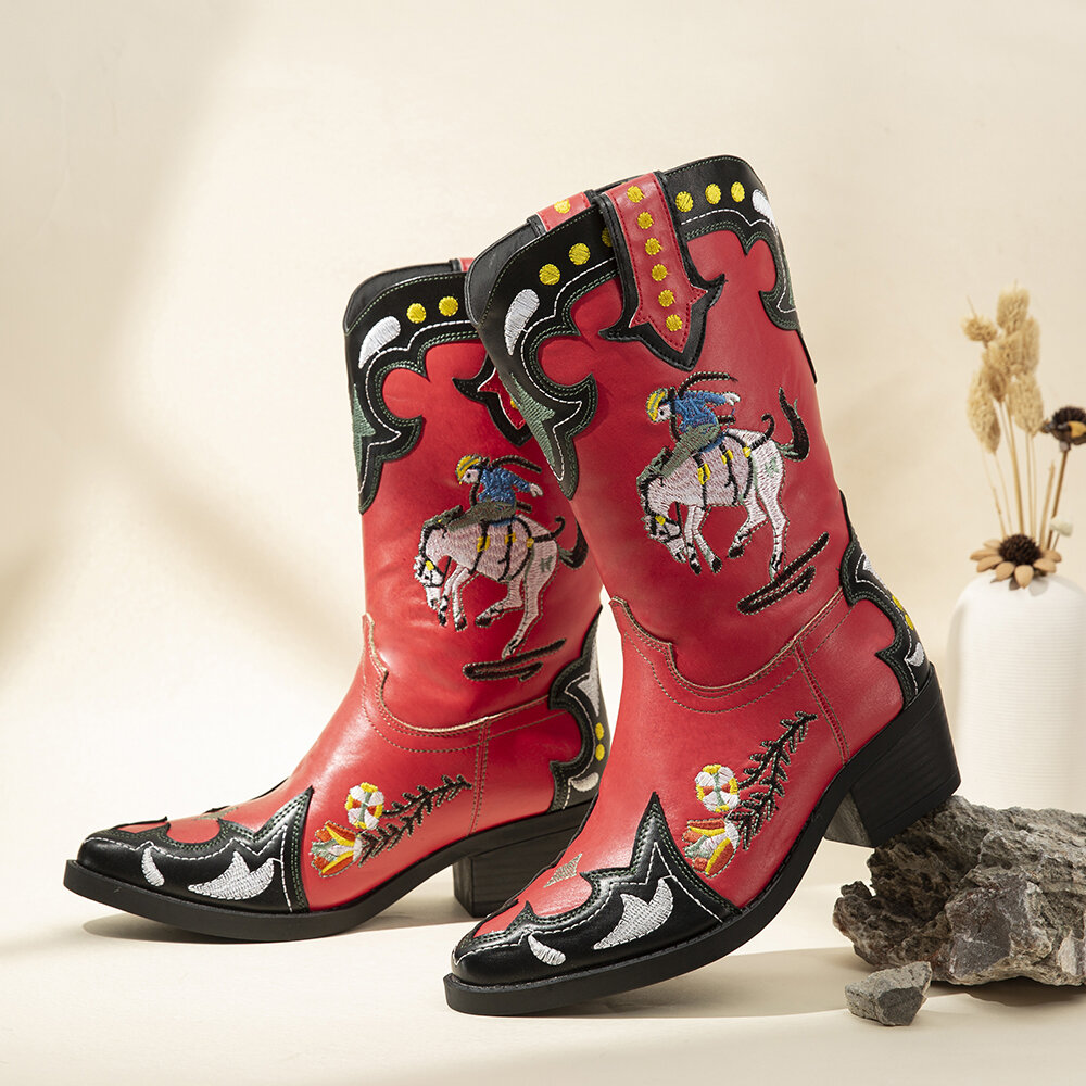 

SOCOFY Folkways Embroidered Splicing Wearable Chunky Heel Mid-calf Cowboy Boots