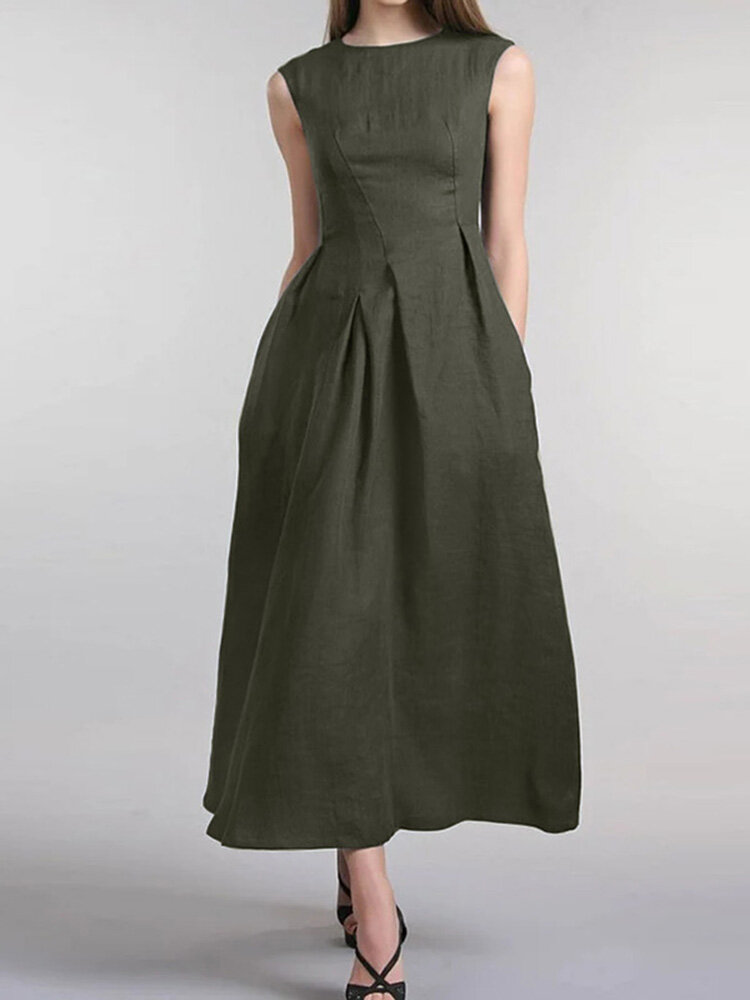 Solid Ruched Sleeveless Zip Casual Cotton Maxi Dress