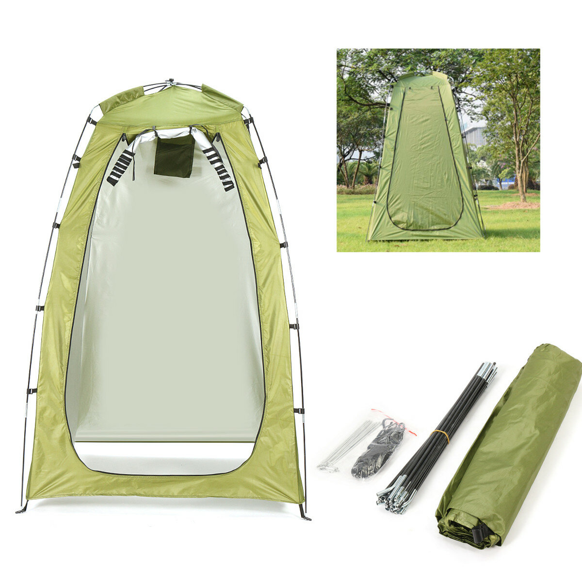 Enkelt telt med utendørs dusj og toalett for camping på stranden, beskyttet mot vann.