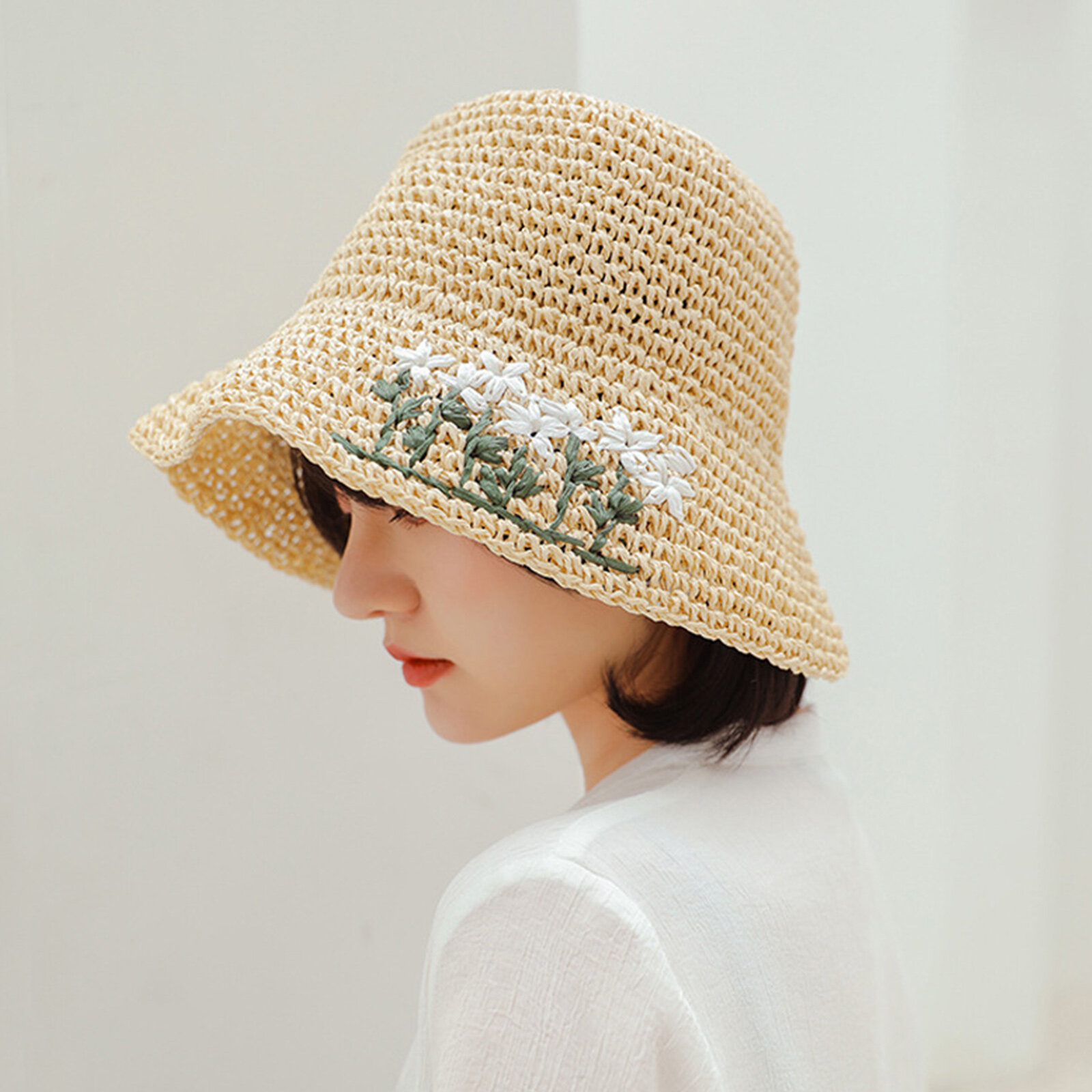 Women Straw Leisure Holiday Versatile Breathable Shade Hand-woven Crochet Straw Hat Tour Beach Bucke