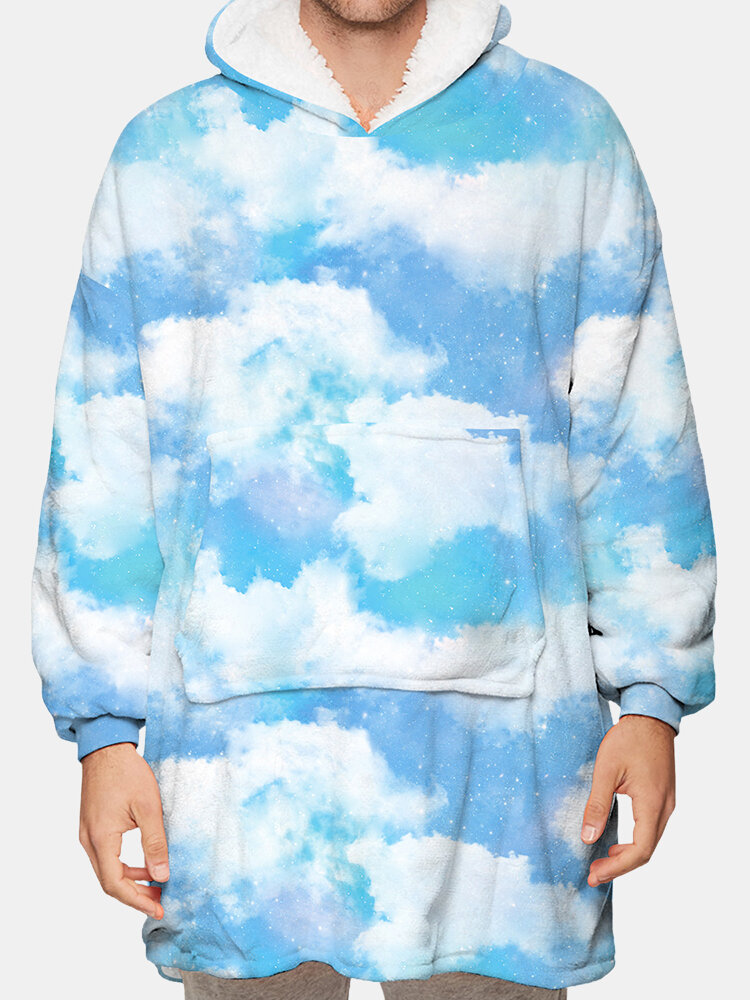 

Mens Cloud Sky Print Fleece Lined Thicken Warm Loose Blanket Hoodie With Kangaroo Pocket