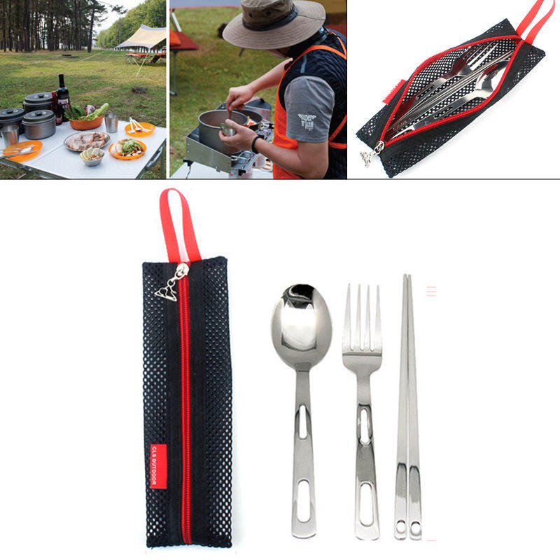 3 Stücke Tragbare Outdoor Camping Picknick Set Edelstahl Gabel Löffel Stäbchen mit Geschirr Tasche