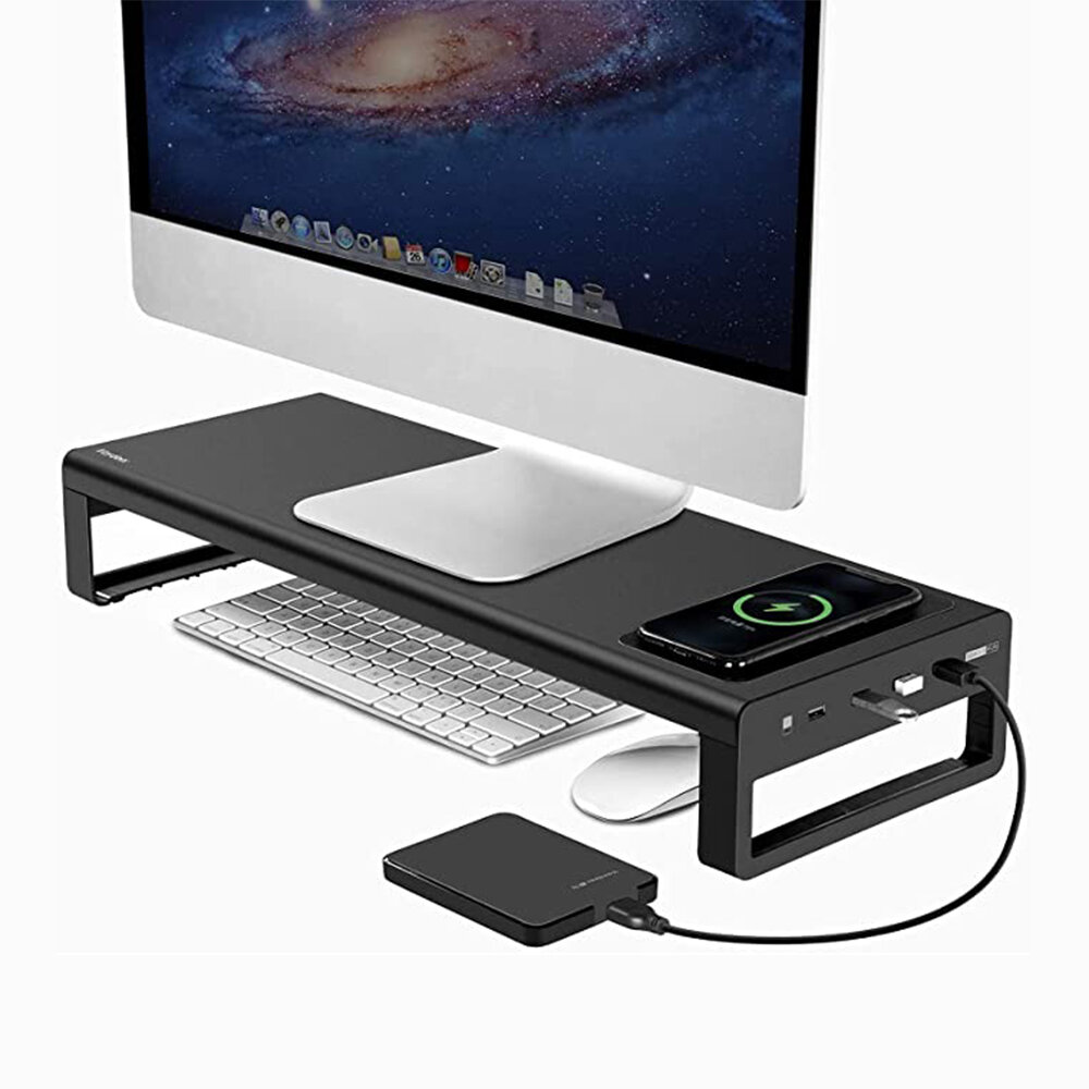 Vaydeer Monitor Stand Monitor Riser Aluminum Alloy Laptop Stand with Wireless Charging, 4 USB 3.0 Port Two version for choose USB 3 0  1 PD fast charging port   3 USB 3 0 portWireless charging  1 wireless charging   4 USB 3 0 portFeatures 1  Raise up the height of your computer  laptop or the monitor of your PC for a better angle 2  The keyboard can be stored underneath to keep your desktop simple  clear and organized 3  Adopting high quality aluminum alloy as material  durable and elegant 4  Multiple purposes support for monitor and laptop with better heat dissipation 5  USB 3 0 port  for convenient use  you can choose wireless charging style for convenient charging Notice 1  Actual color may be slightly different from the image due to different monitor and light effect  Please allow minor deviation due to manual measurement Specification Wireless Charge  wireless charging  with 4 USB portMaterial  aluminum alloySize overall dimension  540 200 90mm  storage size 490 200 70mm Package Includes 1 x HUB base1 set x data cable