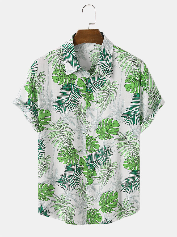 Heren Tropical Leaf Grafische Gebogen Zoom Korte Mouw Graceful Soft Shirts