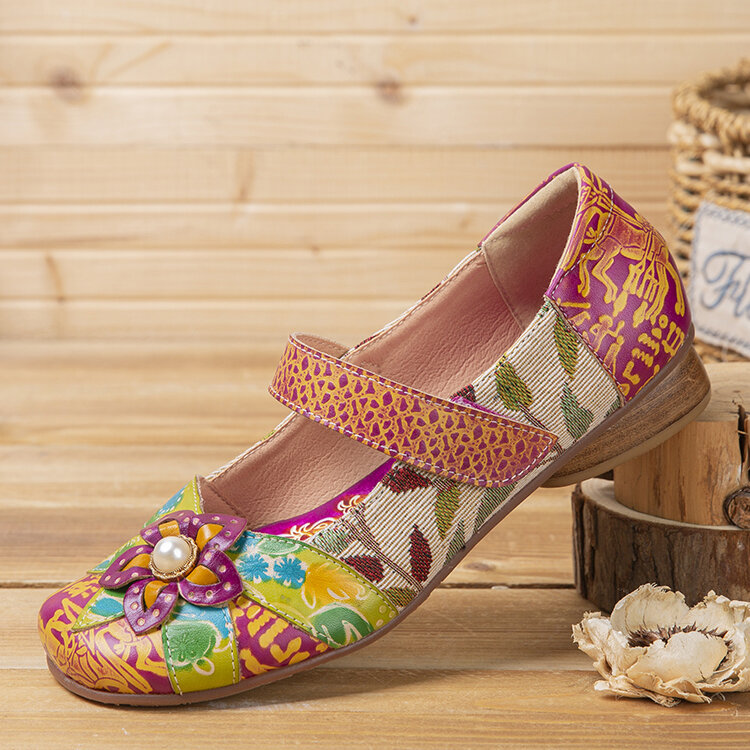 

SOCOFY, удобная повседневная обувь на плоской подошве из воловьей кожи с цветочным принтом в стиле ретро, удобная повсед