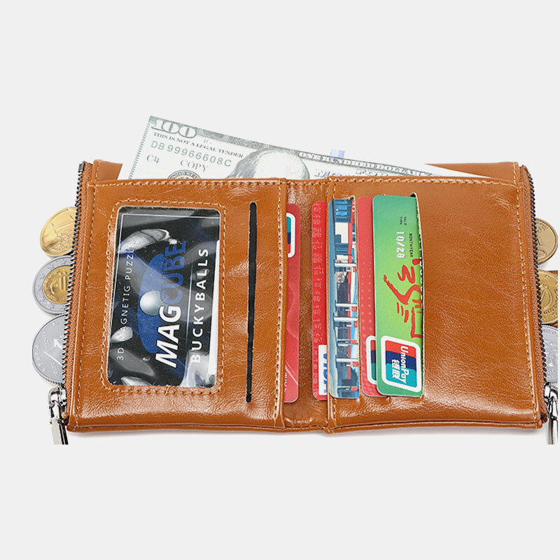 

Women RFID Anti Theft 6 Card Slots Oil Wax Bifold Wallet Purse