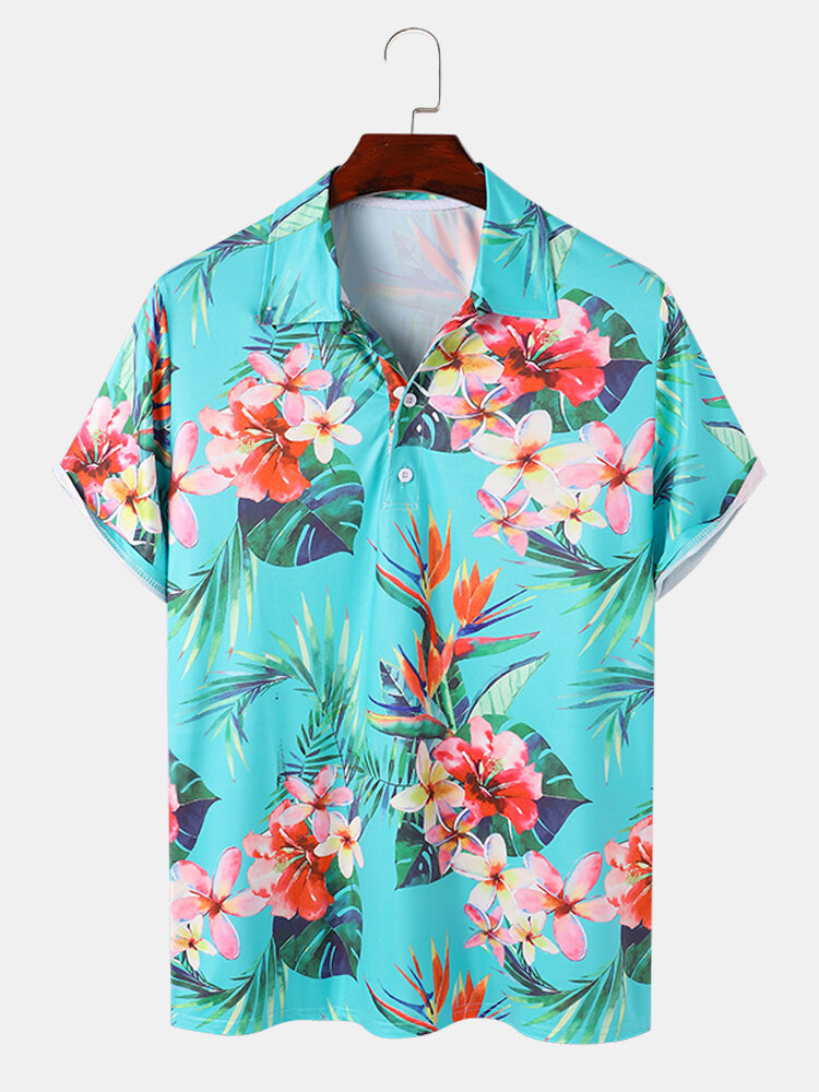 Men Tropical Plants Print Hawaii Style Short Sleeve Soft Regular Polos Shirts