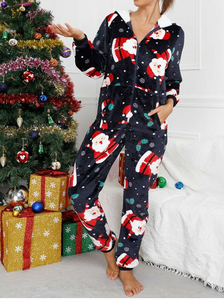 Dames Kerst Kerstman Print Flanel Oor Ontwerp Hooded Onesies Pyjama met Lange Mouwen