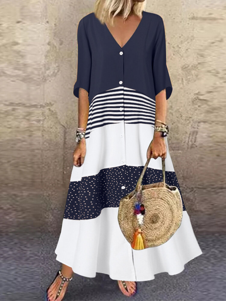 Bohemian Polka Dot Stripe Contrast Color Print Patchwork Holiday Maxi Dress