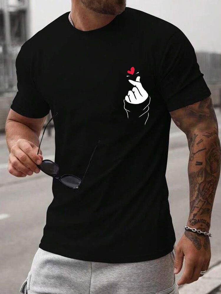 Mens Heart Gesture Print Valentine's Day Casual Short Sleeve T-Shirts