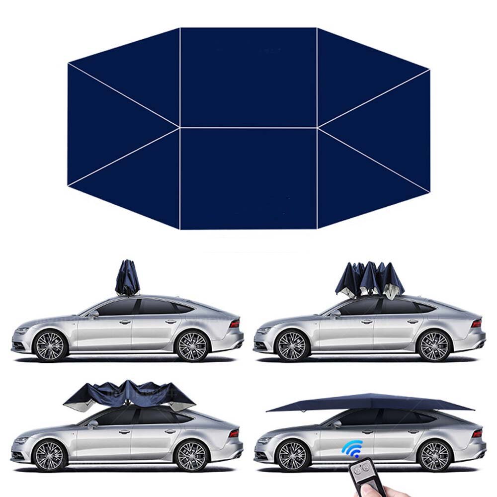 400x220cm Otomatik Koruma Araba Çadır Şemsiye Katlanır Uzakdan Kumanda Anti-UV Araba Güneşlik Su Geçirmez Taşınabilir Hareketli Arabaport Canopy Kapak Standı için Outdoor Kampçılık Seyahat Mavi