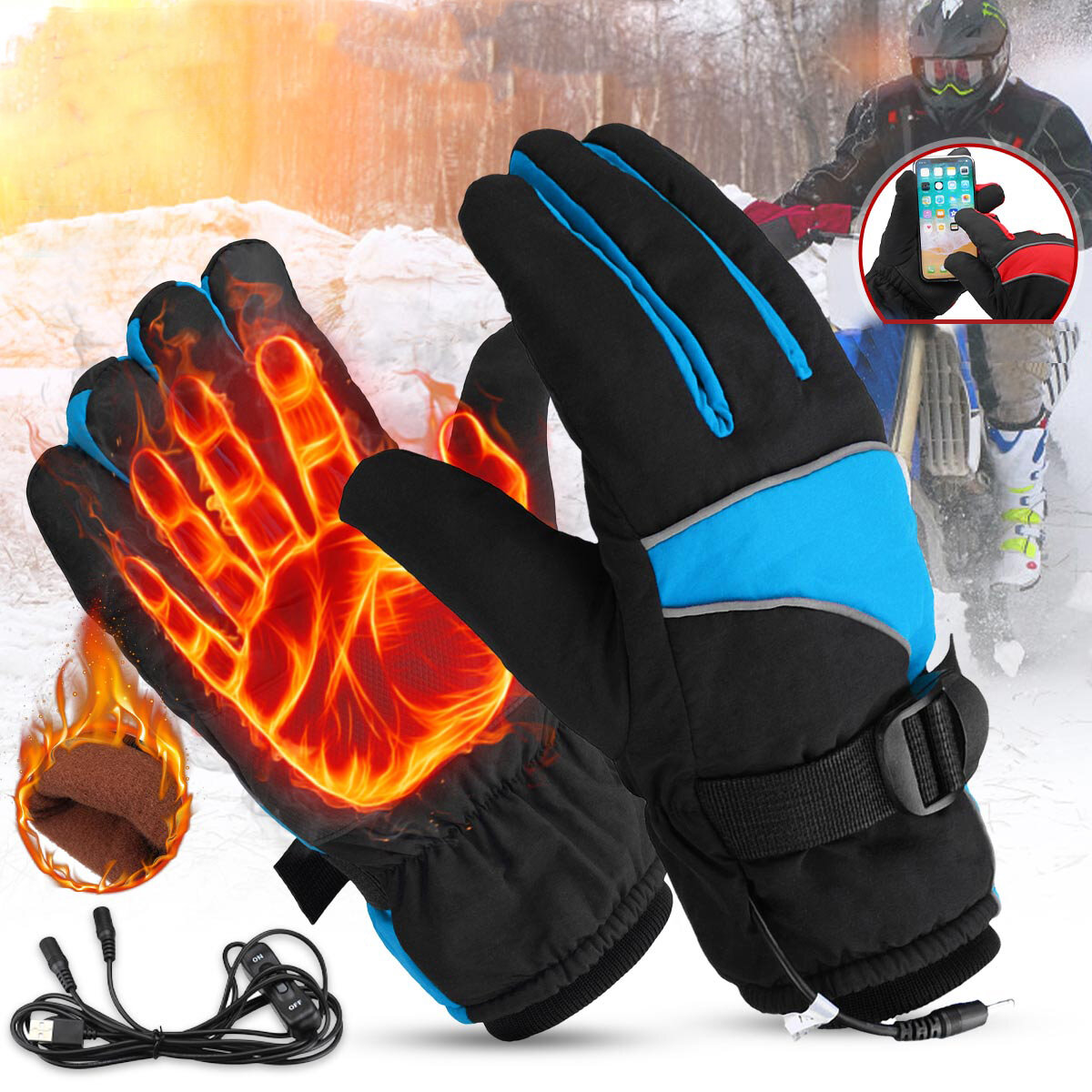 12V Winter Warm Electric Heated Gloves Touch Screen USB Charging Motorcycle Waterproof Gloves Skiing Windproof Gloves