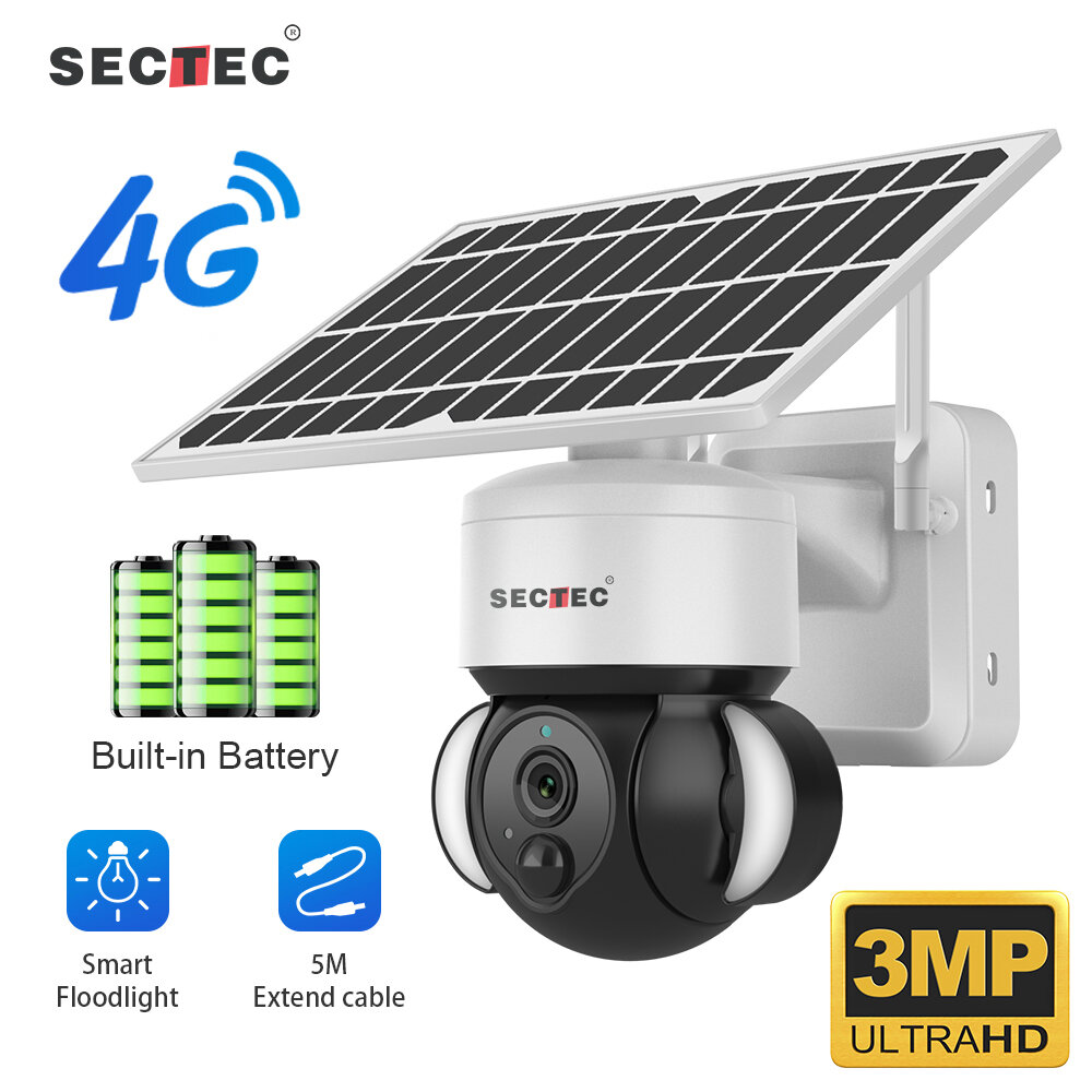 Στα 87.92€ χαμηλότερη τιμή ως σήμερα από αποθήκη Κίνας | SECTEC 4G Solar Floodlight Camera 3MP HD Surveillance Cam Motion Detection Color Night Vision Two way Audio IP66 Waterproof for Outdoor Security Monitoring