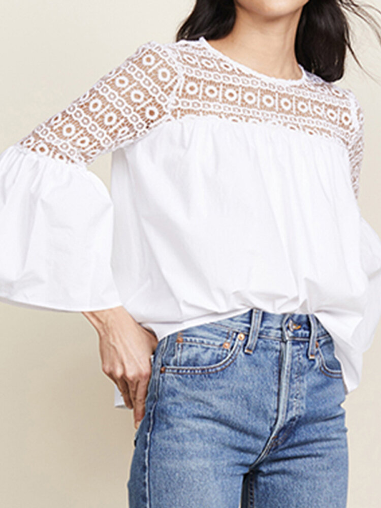 

Casual Loose Crew Neck Lace Patchwork Hollow Design Bell Sleeve Shirts