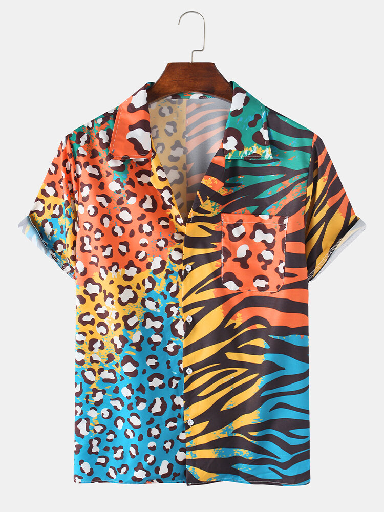 

Colorful Leopard Zebra Mixed Print Short Sleeve Chest Pocket Leisure Holiday Shirts