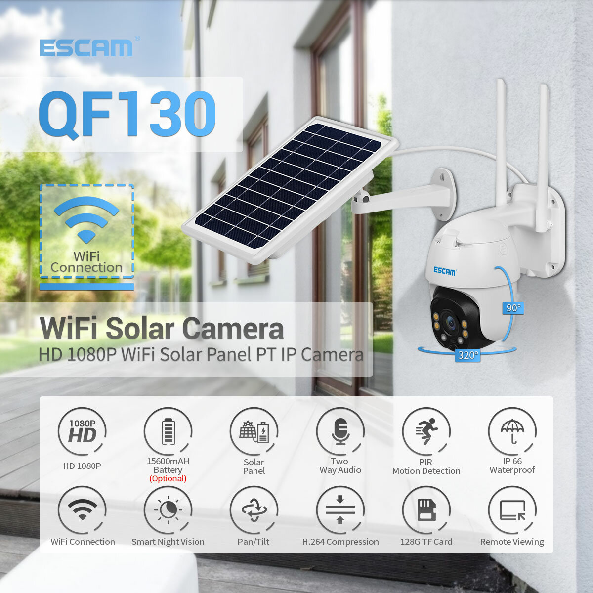 ESCAM QF130 1080P PT WIFI-batterij PIR Alarm IP-camera met zonnepaneel Full Color Nachtzicht Tweeweg