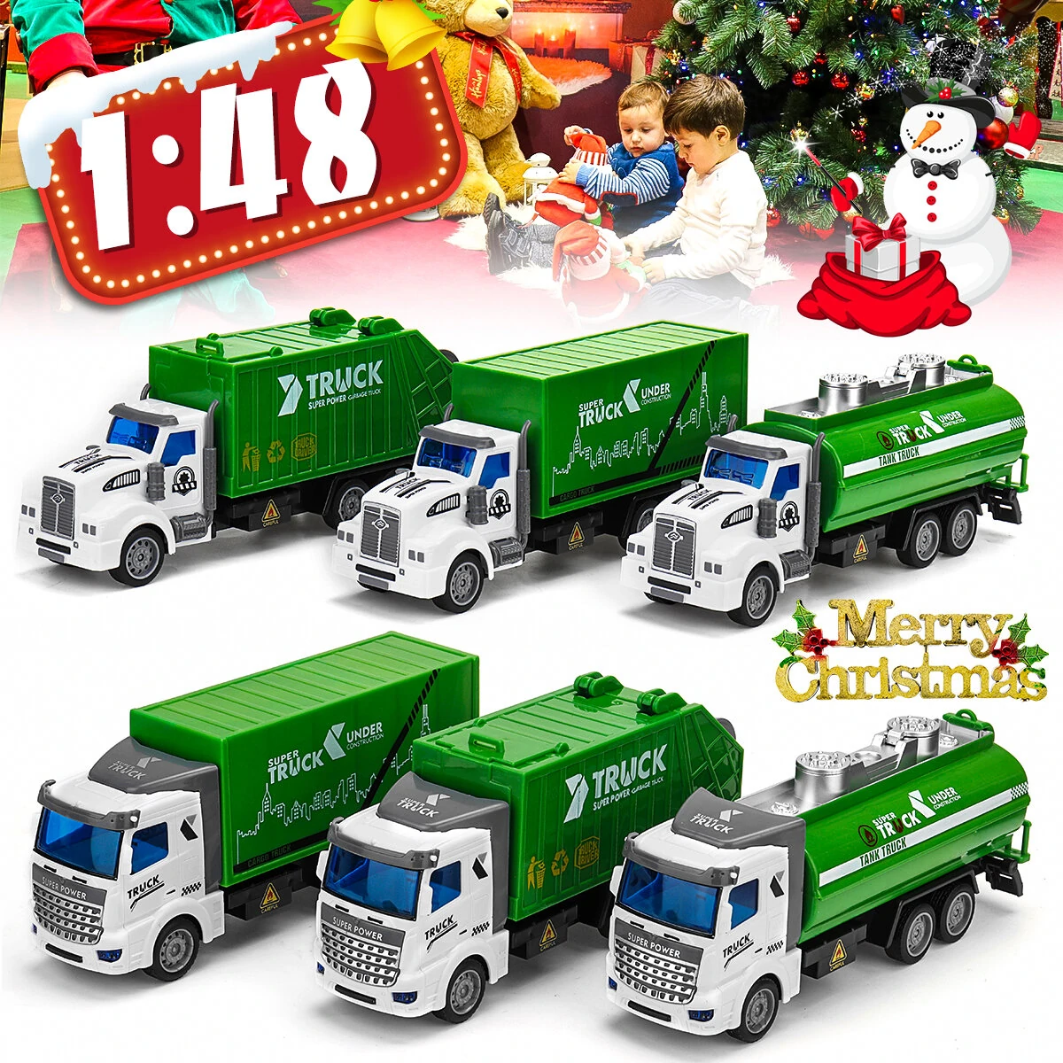 1: 48 green sprinkler / container / garbage truck flat head recycling sanitation truck toys