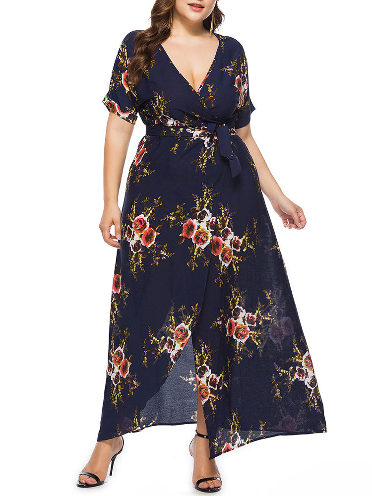 Plus size bohemian floral print v-neck short sleeve dress Sale ...