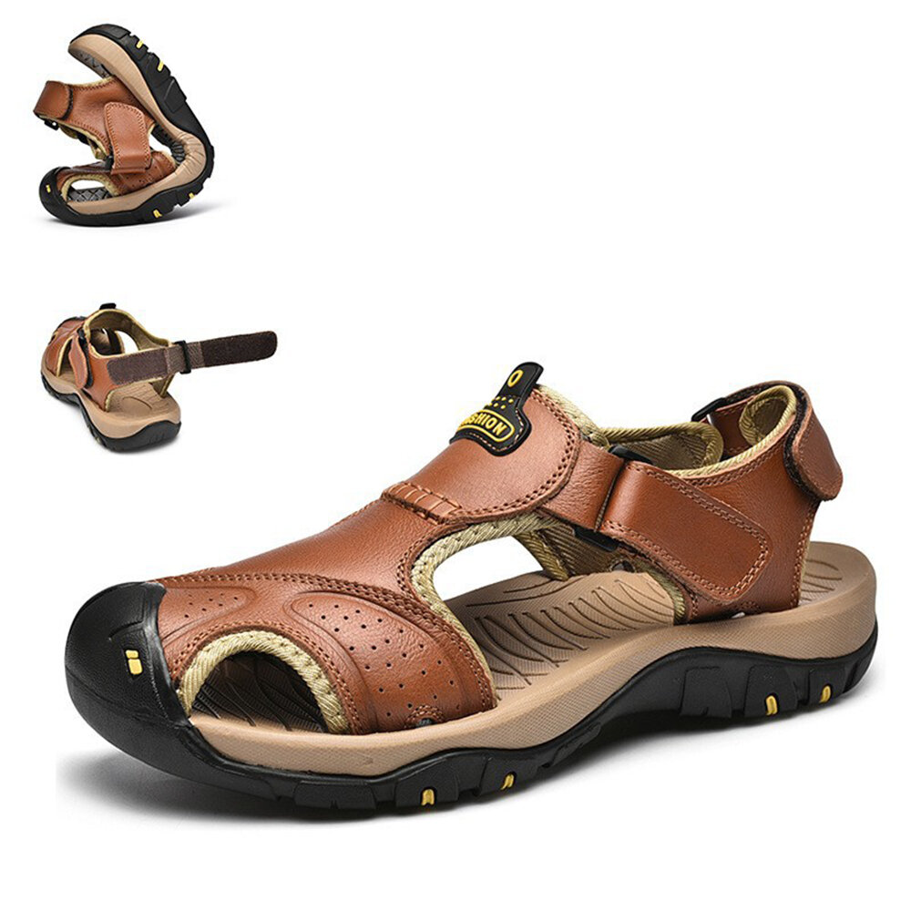 Sandálias de couro genuíno para homens Verão Novo tamanho grande Sapatos de pesca de moda Chinelos casuais