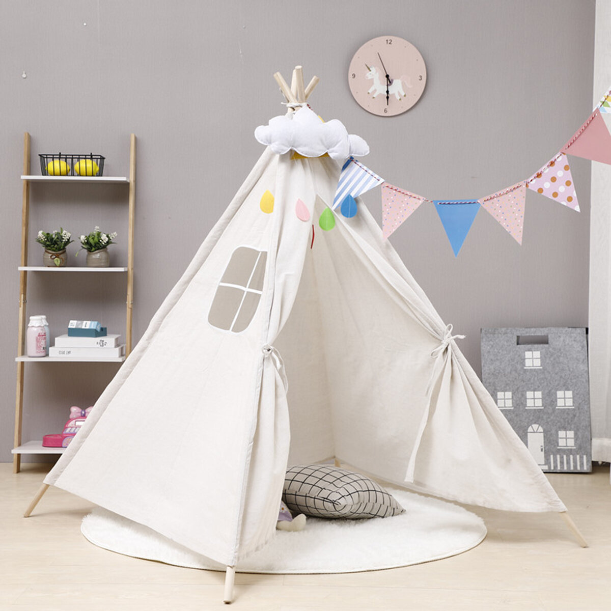 130CM Large Teepee Kids Play Tent Foldable Cotton Canvas Pretend Playhouse Toddler Boy Girls Toy Wigwam Gift Indoor Outd