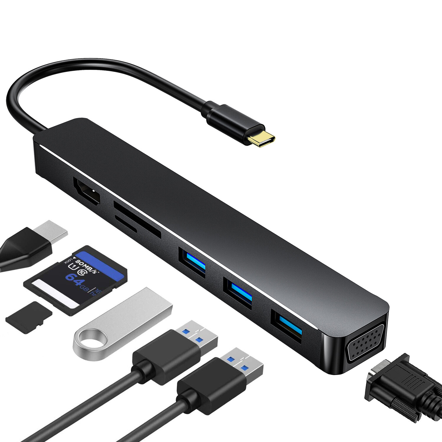 

Адаптер для док-станции Bakeey USB-C HUB 7-в-1 с 4K HDMI / VGA / USB3.0 * 3 / устройствами чтения карт памяти