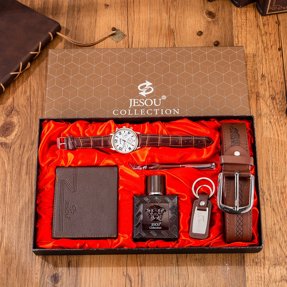 

XSVO 6Pcs/ Set Men Wristwatch Set PU Leather Strap Quartz Watch Perfume Belt Pen Business Gift
