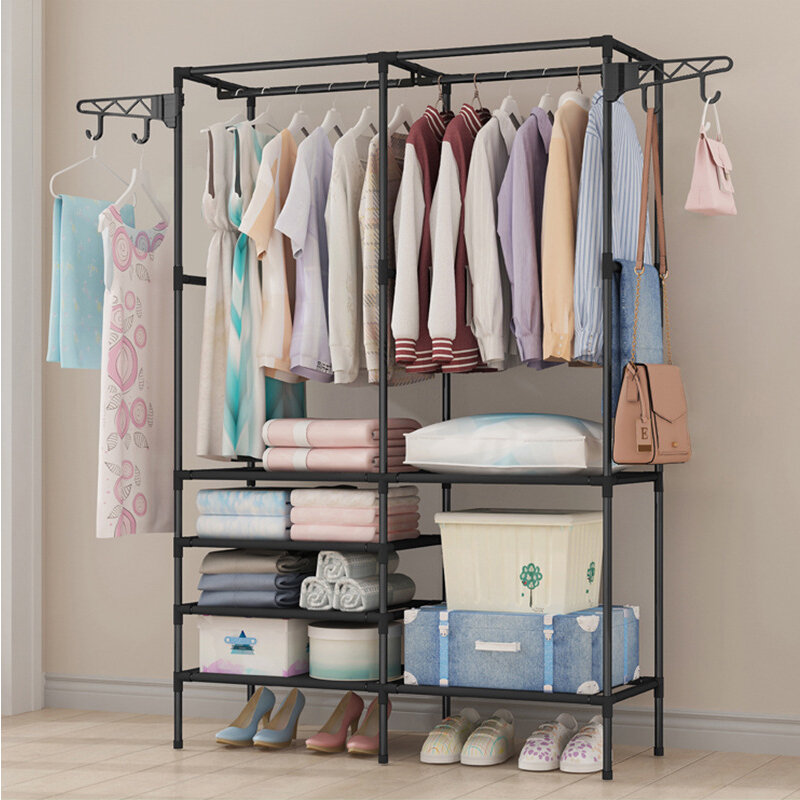 Double Clothes Rail Garment Coat Hanging Display Stand Shoes Rack With Wheels UK 