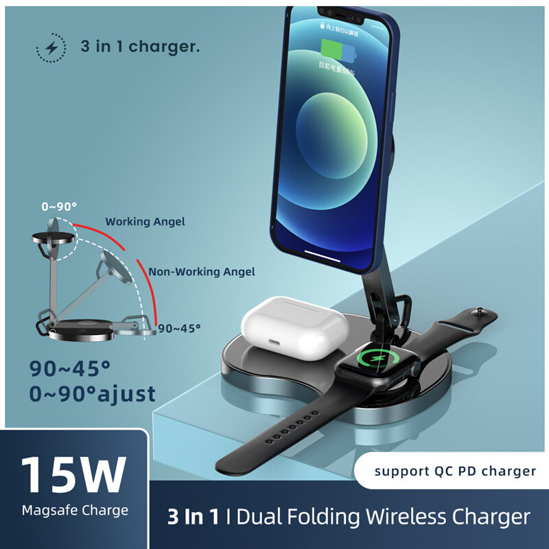

Bakeey 15W Folding 3 in 1 Magnetic Wireless Charger Docking Station Charging Dock for Apple Airpods Pro for Apple watch