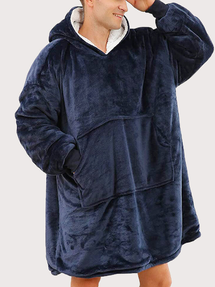 

Мужское фланелевое однотонное теплое негабаритное одеяло Толстовка с капюшоном Одежда для сна с карманами кенгуру Халаты