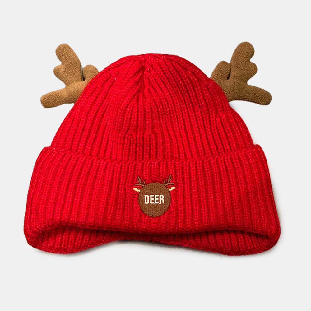 Men Knitted Hat Christmas Plus Velvet Cartoon Letter Embroidery Antler Decoration Warmth Brimless Be