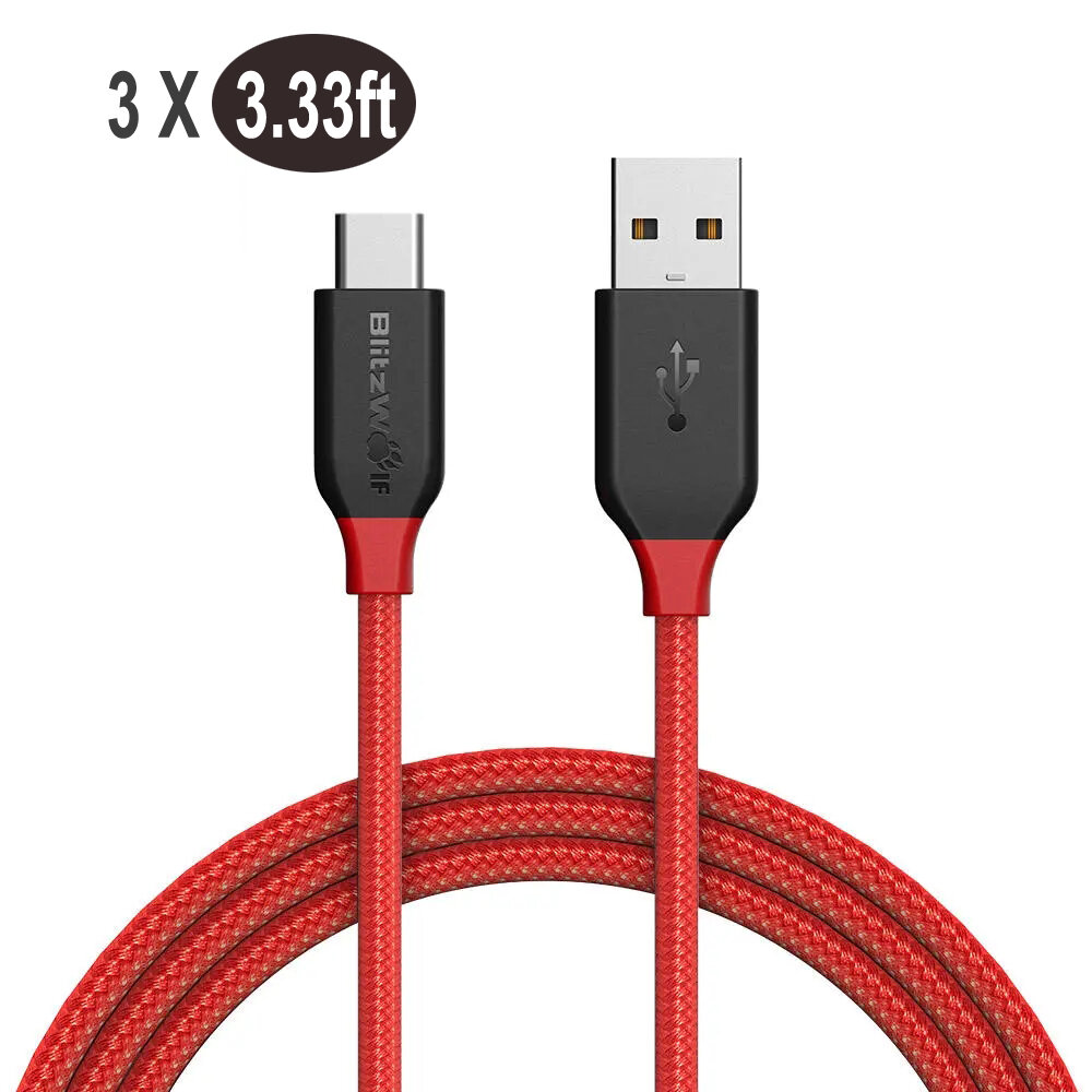 

[3 Pack] BlitzWolf® AmpCore BW-TC5 3.33ft Data Cable QC3.0 3A USB Type-C Braided Fast Charging Line For MI10 Note 9S Hua