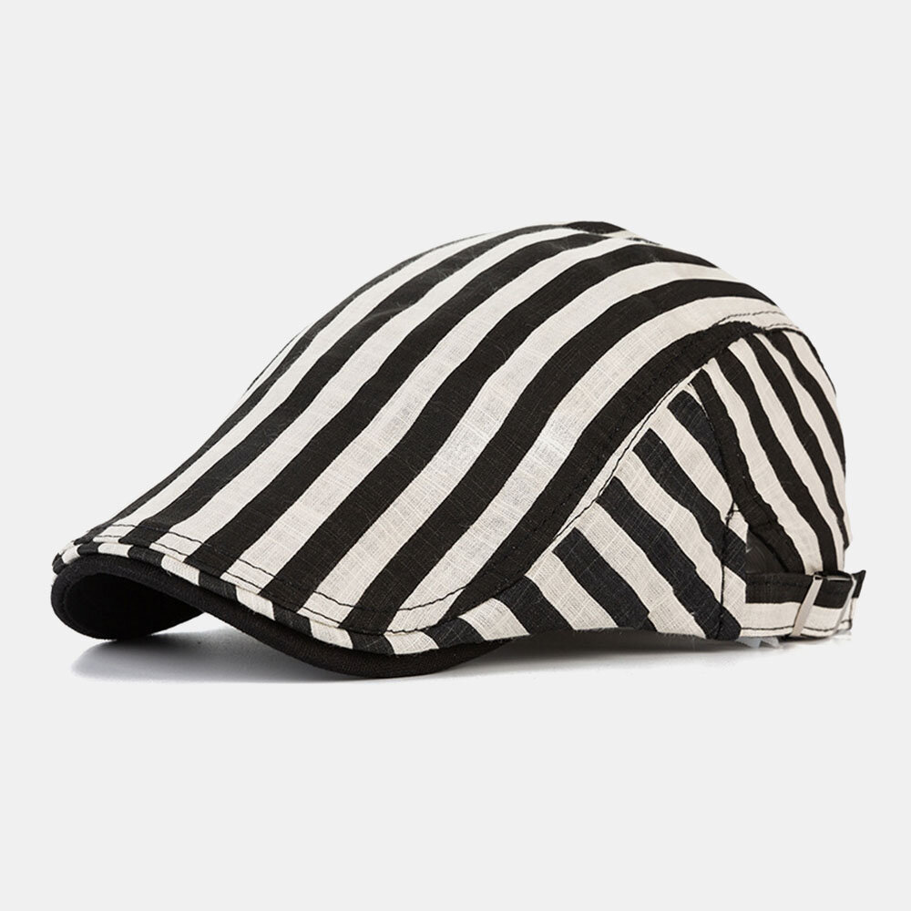Men Cotton-Linen Striped Pattern Retro Forward Hat Flat Cap Beret Cap