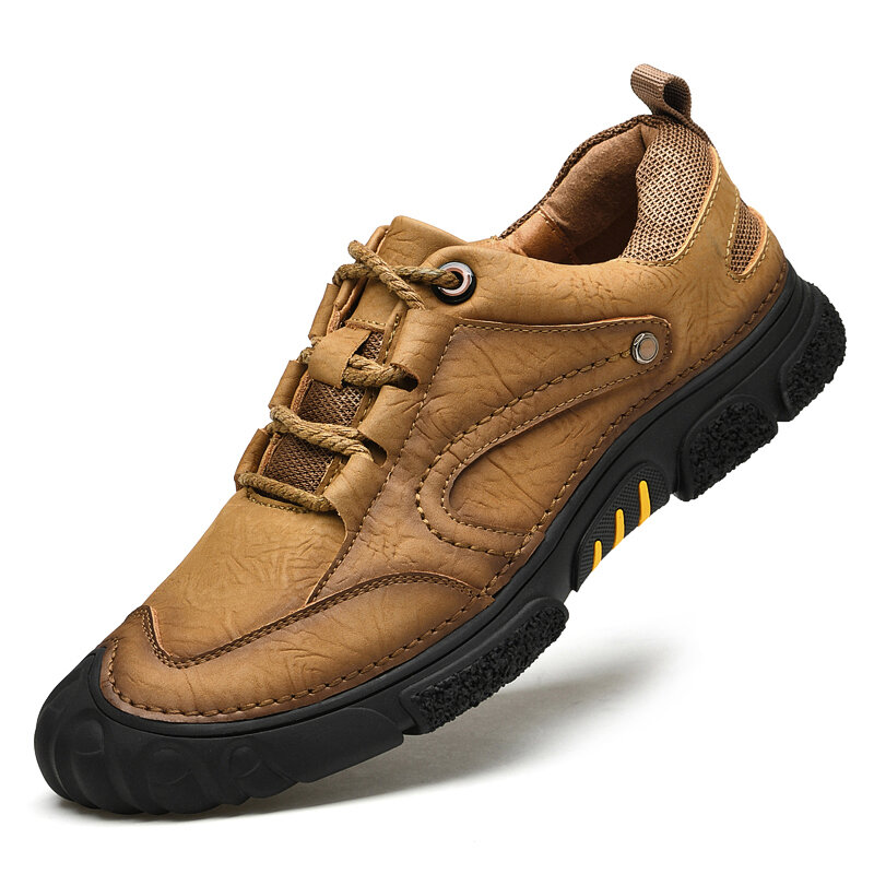 Men Genuine Leather Breathable Hand Stitching Comfy Soft Sole Lace Up Casual Outdoor Shoes