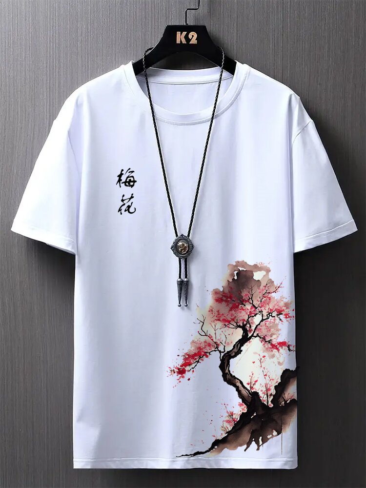 

Mens Chinese Ink Plum Bossom Print Crew Neck Short Sleeve T-Shirts