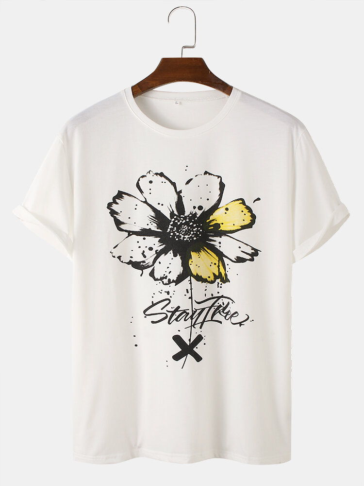 Heren aquarel bloemenprint O-hals katoenen T-shirts met korte mouwen