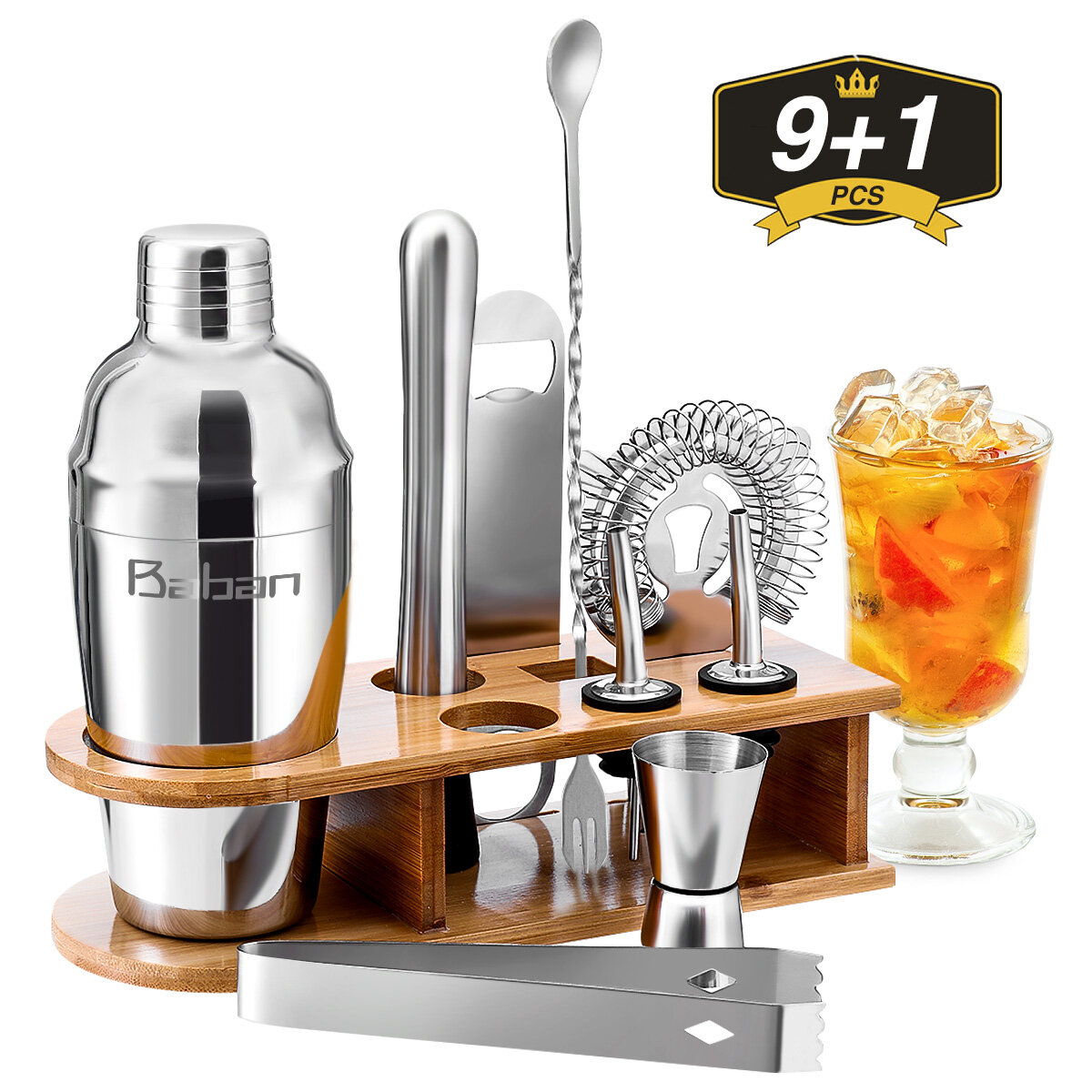 10PCS Bartender Kit with Stand Cocktail Shaker Set Bar with Stylish Bamboo Stand, Perfect Home Bar T