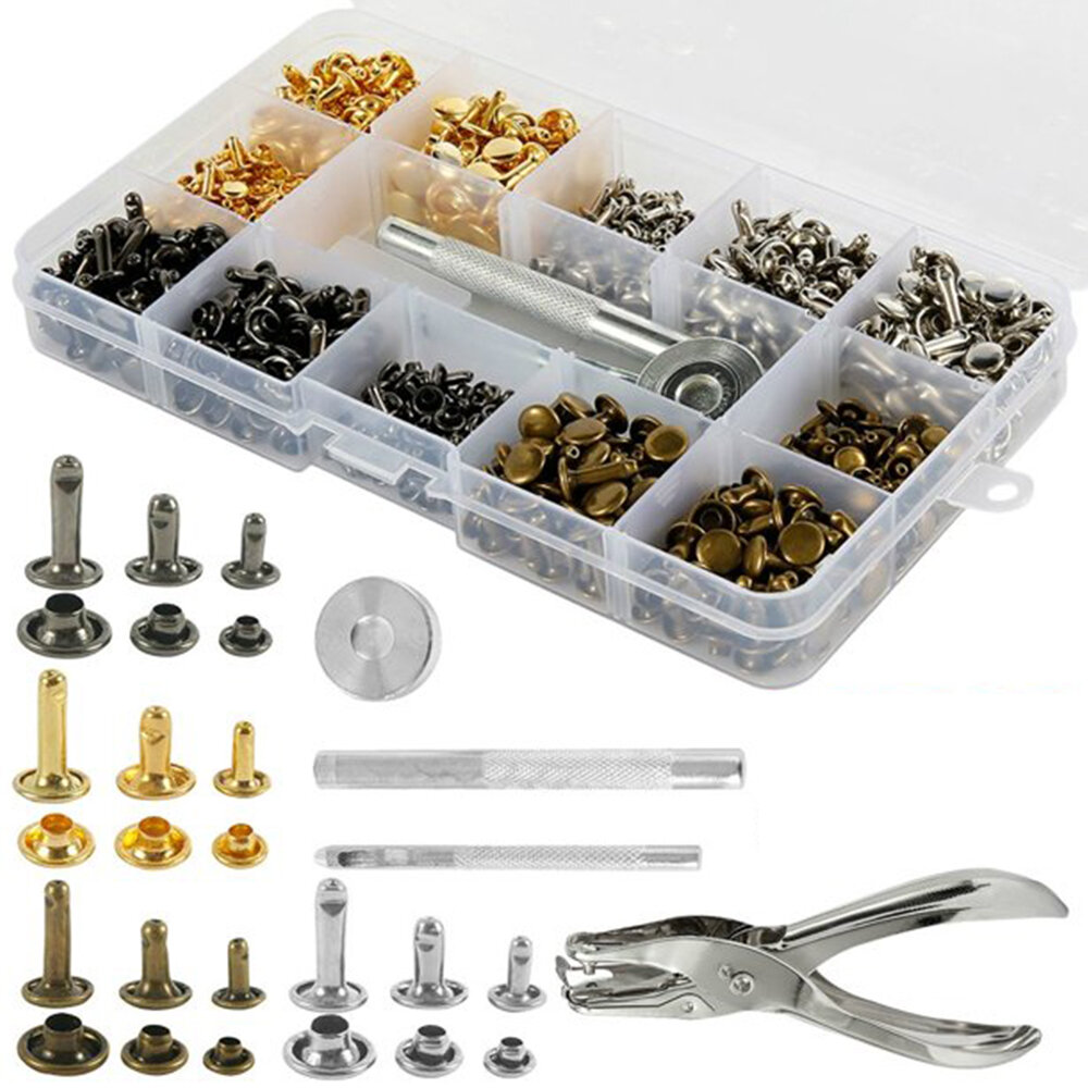 

360Pcs/Set Leather Rivets Double Cap Rivet Tubular Metal Studs 1 Sizes with Punch Pliers and 3 Pieces Setting Tool Kit f